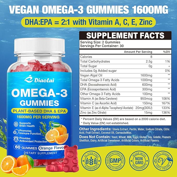 Vegan Omega-3 Gummies for Adults – Sugar-Free, Algae-Based DHA 600mg & EPA 300mg, with Vitamins A, C, E, Zinc – Omega 3 Fish Oil Alternative, 60 Count