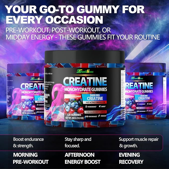 Creatine Monohydrate Gummies 5g (5000mg), Sugar-Free Creatine, Pre-Workout Energy, Veg, Non-GMO, for Men & Women - 120 Count Cherry Flavor with Blueberry Flavor