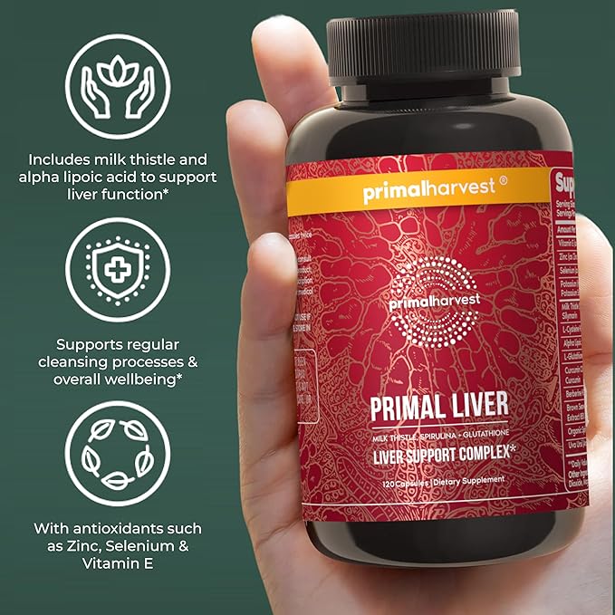 Primal Harvest Primal Liver Supplement with, Alpha-Lipoic Acid, L-Cysteine HCL, L-Glutathione, Milk Thistle, and Spirulina, for Men and Women (2 Pack (240 Capsules))