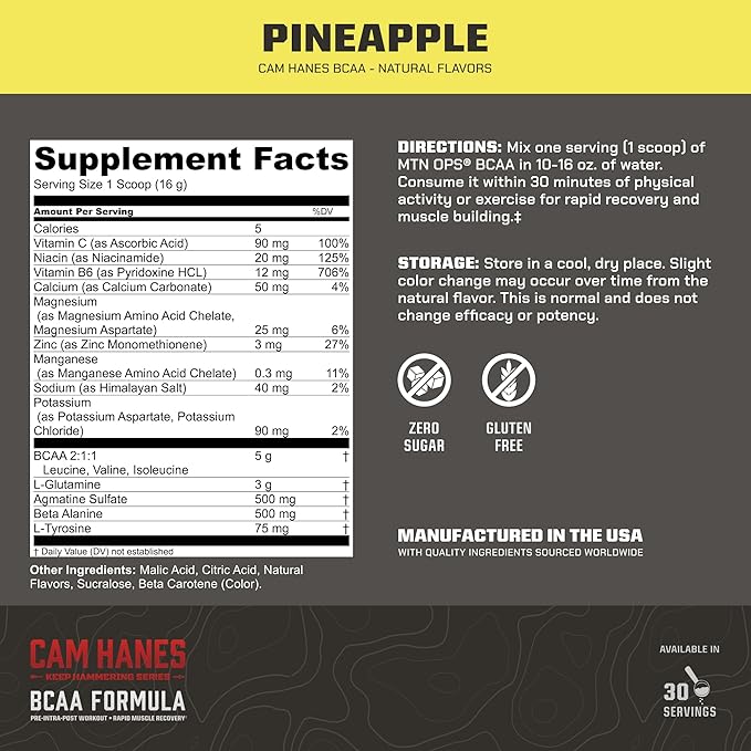 MTN OPS BCAA Powder 2:1:1 Amino Acids Supplement Powder for Rapid Muscle Recovery & Repair with Zero Sugar & Gluten Free - 30-Servings, Pineapple, Cameron Hanes Keep Hammering Series