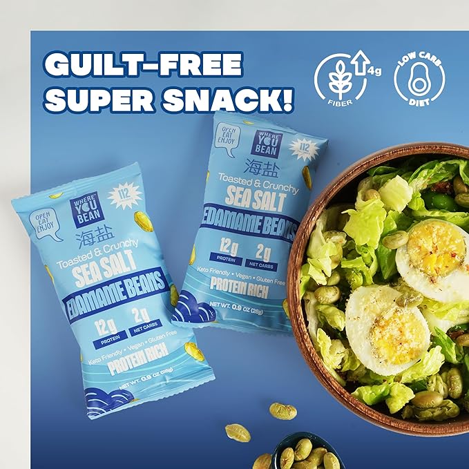 Where You Bean Edamame Beans Snack (Sea Salt) - Crunchy and Dry Roasted Edamame Beans - High Protein Snacks, Keto and Vegan Healthy Snacks for Adults & Low Carb Snack 0.9 oz (Pack of 8)