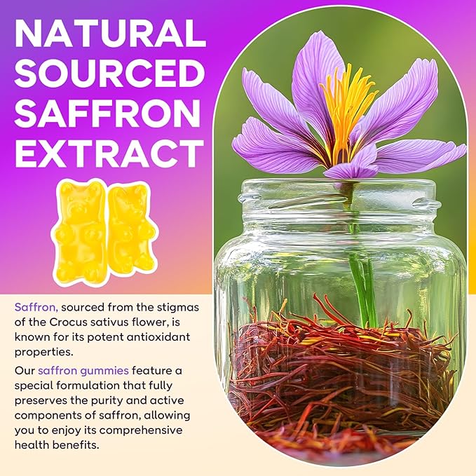 2 Pack Saffron Gummies for Kids & Adults, 10-in-1 Saffron Supplements with 88.5mg Saffron Extract Support Calm Mind & Focus & Zzz, Sugar Free, Pineapple Flavor, 120 Count