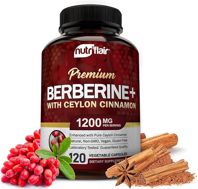 NutriFlair Premium Berberine HCL 1200mg, 120 Capsules - Plus Pure True Ceylon Cinnamon, Berberine HCI Root Supplements Pills - Immune System - Made in USA