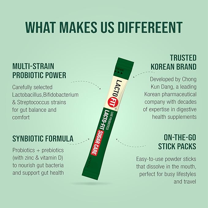 Lacto Fit Daily Balance Probiotic Sticks with Zinc & Banaba Leaf Extract, 60 Single Serve Sachets, Digestive and Wellness Support Supplement, Convenient Daily Powder Sticks, Korean Formula