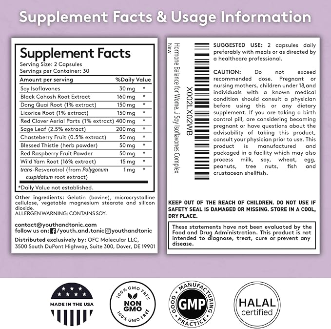 Youth & Tonic Her Hormone Balance – Menopause Supplement for Women, Perimenopause Support, Non-Hormonal Herbal Formula with Black Cohosh for Hot Flashes & Night Sweats, 60 Capsules