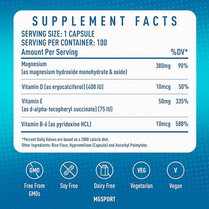 MGSPORT Magnesium Supplement 380mg - High Absorption Magnesium Complex Formula with Vitamins B6, D, E - Supports Muscle Function and Sleep Quality - 100 Servings