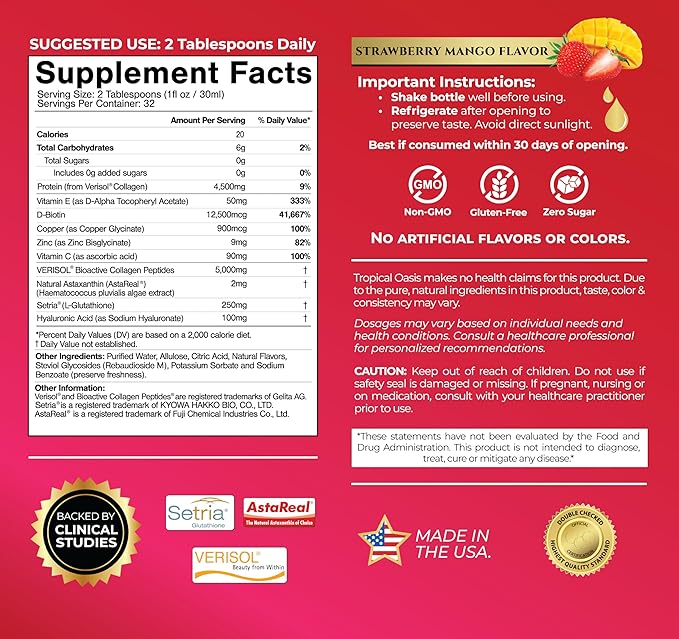 Tropical Oasis Liquid Collagen Glow for Women & Men | 5000mg VERISOL Collagen Peptides + 12500mcg Biotin | Clinically Tested for Thicker Hair, Brighter Skin, Wrinkles & Stronger Nails | 32 Serv