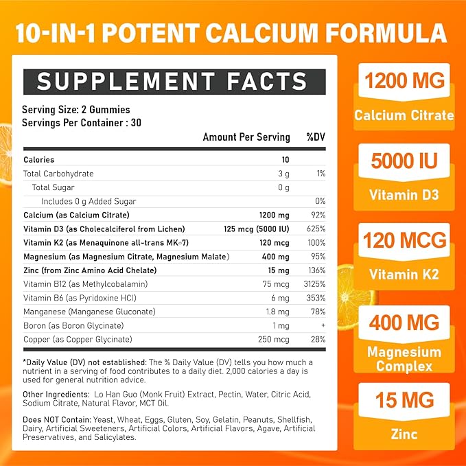 Calcium 1200 mg with Vitamin D3 Supplement for Adults - Calcium Gummies with 5000iu Vitamin D3, K2, B6, B12, Magnesium & Zinc - Calcium Supplement for Women Men - Easy to Digest, Vegan (1 pack)