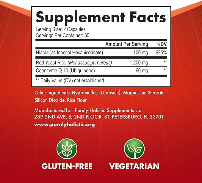 Red Yeast Rice with CoQ10 Supplement | Healthy Cholesterol Levels & Heart Health Support | Extra Strength Red Yeast Rice 1200 MG (600 MG Per Capsule) with Monakolin K | No Citrinin, Non-GMO | 60 Ct