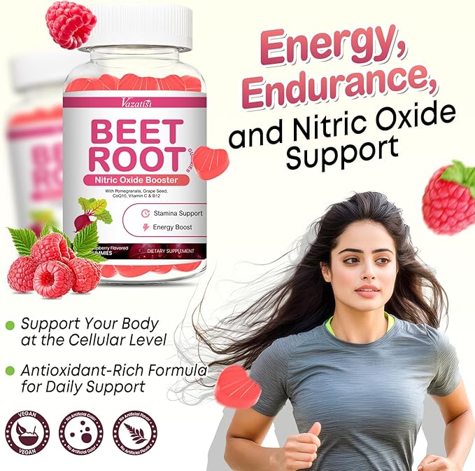 Beet Root Gummies – Nitric Oxide Beetroot Gummies with Coq 10, Grape Seed, Pomegranate for Circulation & Energy Support – Vegan, Non-GMO, 120 Beet Chews