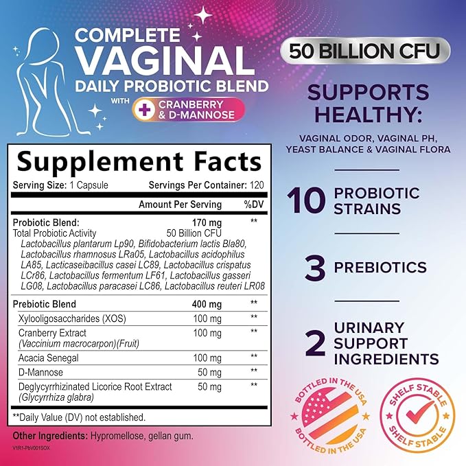 Vaginal Probiotics for Women pH Balance with Prebiotics - 50 Billion CFU - 10 Unique Feminine Strains, Cranberry & D-Mannose for Women's Probiotic Vag Health, Supplement Bottled in USA - 120 Capsules