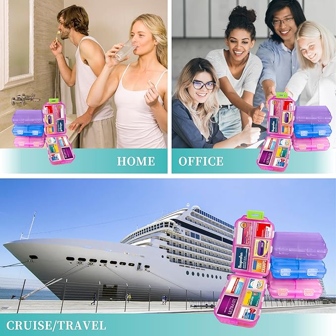 iouwei Large Pill Organizer with Medicine Labels, Travel Daily Pill Container, Mini Medication Organizer, 7-Day Pill Case, Set of 3 (Blue+Pink+Purple)