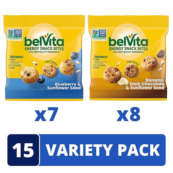 belVita Energy Snack Bites Variety Pack,Banana Dark Chocolate & Sunflower Seed,Blueberry & Sunflower Seed,15 Snack Packs,(Pack of 2)