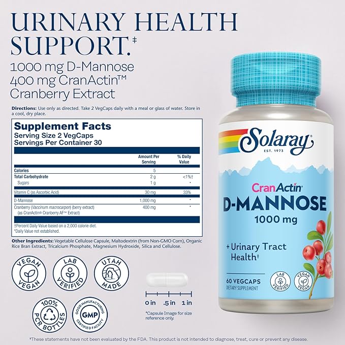 SOLARAY D-Mannose with CranActin Cranberry Supplement 400mg, Urinary Tract Health & Bladder Support Capsules with Vitamin C for Immune Function, Vegan, 60 Day Guarantee, 30 Servings, 60 VegCaps
