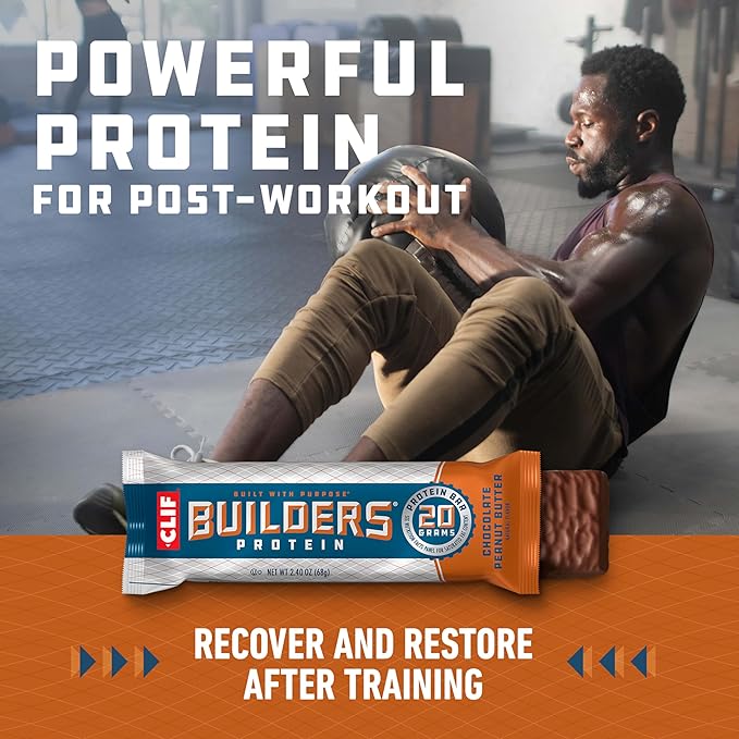 CLIF BUILDERS Protein Bars - Chocolate Peanut Butter Flavor - 20g Plant Based Protein - Gluten Free - Non-GMO - Low Glycemic - No Artificial Sweeteners - Value Pack, 2.4 oz. (12 Count)