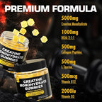 Creatine Monohydrate Gummies for Men & Women - with BCAA, Collagen Peptides, L-Taurine, Vitamin B12, D3, Chewables Creatine Monohydrate 5g Per Serving, Natural Lemon Flavor, Sugar Free, 2 Pack
