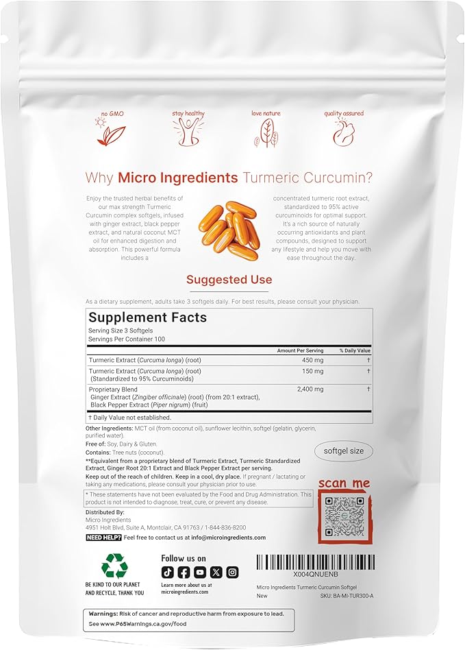 Turmeric Curcumin Supplement with Black Pepper & Ginger 3,000mg, 300 Softgels with MCT Oil for Better Absorption | 95% Curcuminoids | Non-GMO