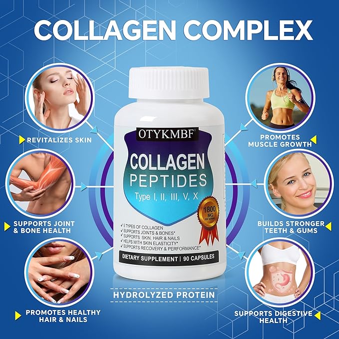 Multi Collagen Peptides Pills 1800mg, Type I, II, III, V, X - Hydrolyzed Premium Collagen Complex Supports Skin, Joints, Hair & Nails, Hydrolyzed Protein for Women Men, 90 Capsules