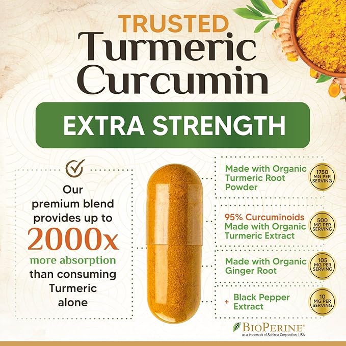 Turmeric Curcumin Supplement 2350mg - 95% Curcuminoids with Organic Turmeric & Ginger, BioPerine Black Pepper for Best Absorption, Nature's Vegan Joint Support, Non-GMO, Bottled in USA - 120 Capsules