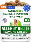 BARK&SPARK Dog Allergy Relief Soft Chews for Skin Health & Seasonal Allergies - Anti-Itch Supplement w/Omega-3, Quercetin & Bromelain Immune Treats for Dry Skin & Hot Spots - Grilled Chicken - 180ct