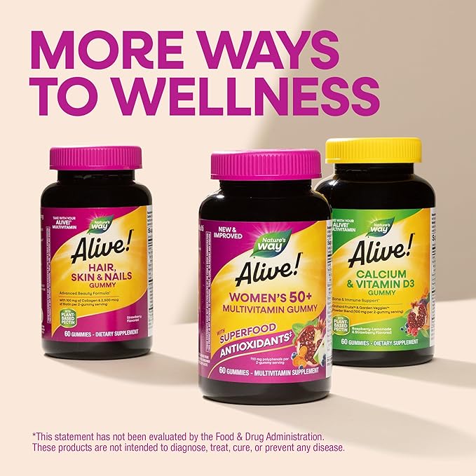 Nature’s Way Alive! Women’s 50 Plus Multivitamin Gummy, Daily Chewable Multivitamins with B-Vitamins, Vitamin D3, Calcium, Supports Heart, Brain & Bone Health,* Mixed Berry Flavored, 60 Count