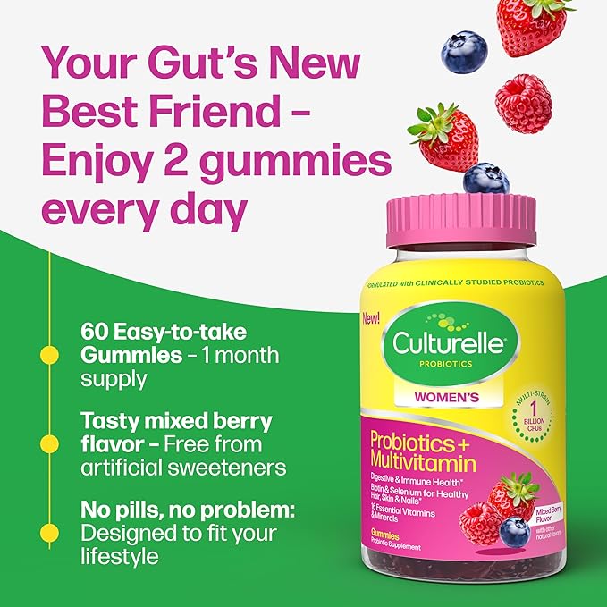Culturelle® Women’s Probiotics + Multivitamins, Supports Digestive and Immune Health, Biotin & Selenium for Healthy Hair, Skin, Nails – 60 Gummies