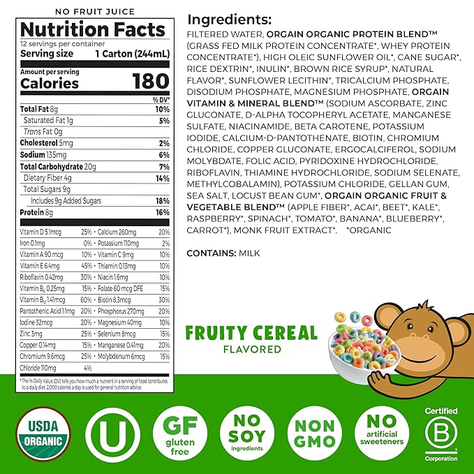 Orgain Organic Kids Nutritional Protein Shake, Fruity Cereal - Kids Snacks with 8g Dairy Protein, 22 Vitamins & Minerals, Fruits & Vegetables, Gluten Free, Soy Free, Non-GMO, 8.25 Fl Oz (Pack of 12)