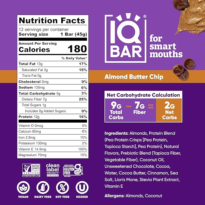 IQBAR Clean Plant Protein Bars - Almond Butter Chip - 24 Count - Keto, Vegan, High Fiber, Gluten and Dairy Free, Low Sugar Snack - Brain and Body Nutrients for Focus, Energy, Meal Replacement
