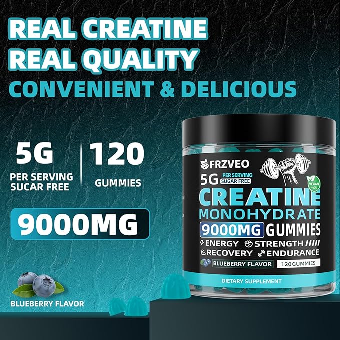 Creatine Monohydrate Gummies 9000mg for Men & Women, Potent Creatine Supplement 5g Chewables Creatine Per Serving, Pre-Workout Gummies for Enhanced Strength, Energy & Muscle Growth - 120 Count