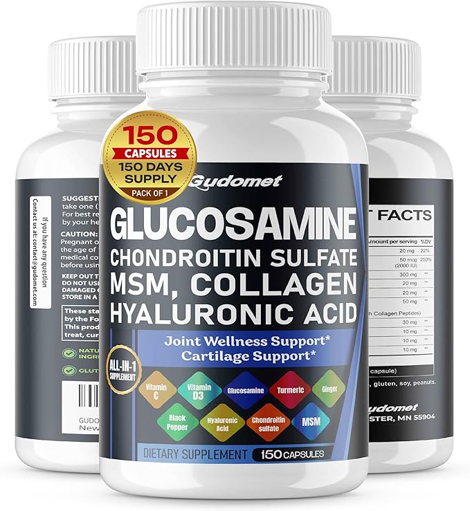 Glucosamine Chondroitin sulfate Methylsulfonylmethane Hyaluronic Acid Turmeric Ginger Vitamin C, D3, Black Pepper -150 Capsules