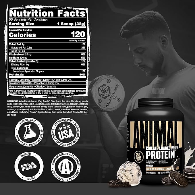 Animal Whey Isolate Protein Powder - Loaded for Pre & Post Workout Muscle Builder and Recovery with Digestive Enzymes for Men & Women - 25g Protein, Great Taste, Low Sugar - Cookies & Cream 4 lbs