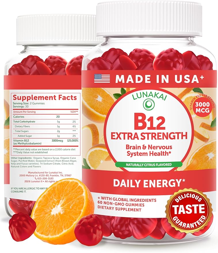 Lunakai Extra Strength 3000mcg Vitamin B12 Gummies - USA Made, Delicious Daily Energy & Metabolism Support - Vegan B12 Methylcobalamin Supplement 60ct
