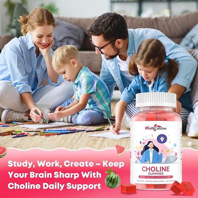 CDP Choline Supplement Gummies 550 mg: Citicoline Brain Supplement for Memory Focus Liver Health with DHA B12, High Potency Sugar Free Vegan Non GMO Watermelon Flavor 30 Days