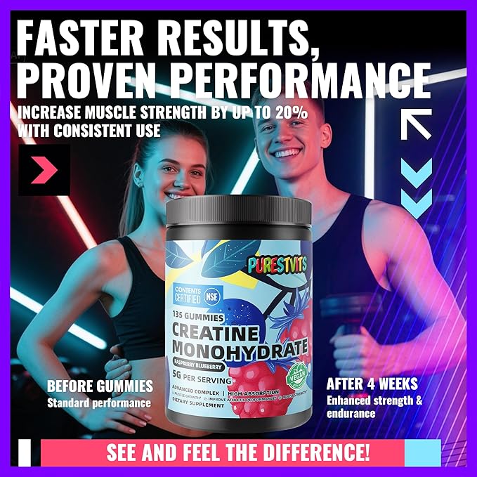 NSF Certified Creatine Gummy 5g - Creatine Monohydrate Gummies – Pre-Workout Energy & Muscle Growth Support for Men & Women | Blueberry Raspberry Electrolyte Gummies (135 Count)