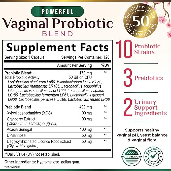 Probiotics 50 Billion CFU per Serving - 10 Strains & Prebiotics - Supports Women's pH Balance, Digestive, UT & Feminine Health - SVag Women Health Supplements - Shelf Stable Bottled USA - 120 Capsules