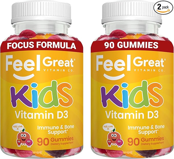 Feel Great Kids Vitamin D3 1000 IU Gummies (2-Pack) | Kids Vitamin D Gummies for Healthy Bones, Mood, & Immune Support | Citrus Flavored Vegetarian D3