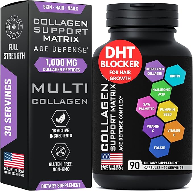 Age Defense Beauty Collagen Matrix - 2,000mg Multi Collagen Biotin Keratin Hyaluronic Acid Saw Palmetto Vitamin C Supplement Complex - DHT Blocker for Men & Women for Hair Growth - 90 Gluten-Free Caps