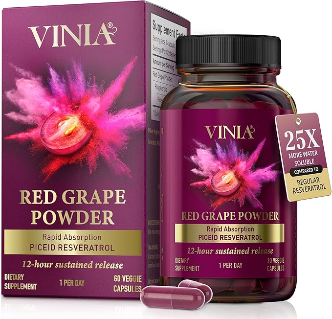 VINIA Piceid Resveratrol Supplement Capsules. Increases Blood Flow and Nitric Oxide. Blood Pressure and Heart Health Support | Antioxidant from Red Grapes | Non-GMO, 60 Count