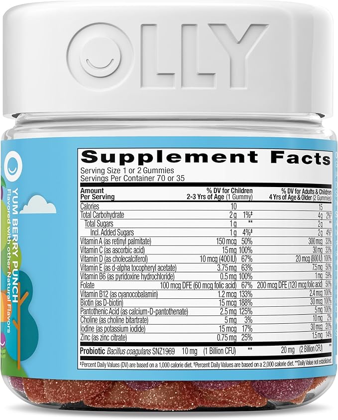 OLLY Kids Multivitamin & Probiotic Gummy, Digestive Support, Vitamins A, D, C, E, B, Zinc, Chewable Supplement, Berry Flavor, 35 Day Supply - 70 Count