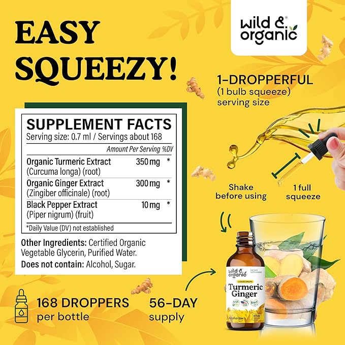 Wild & Organic Turmeric and Ginger Supplement Drops - Joint & Immune Support - Liquid Turmeric Curcumin with Black Pepper and Ginger - Curcumin Supplement - Vegan, Sugar & Alcohol-Free Tincture - 4 oz