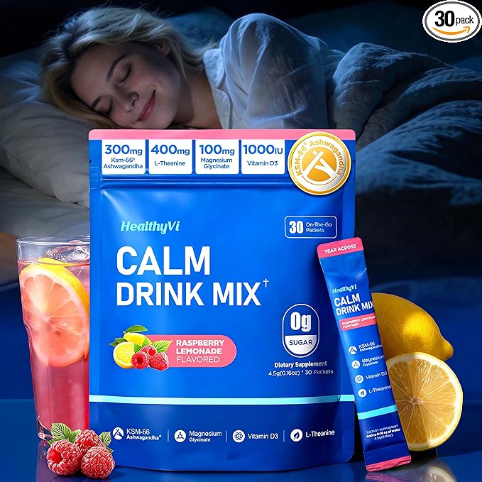 Calm Magnesium Glycinate Powder Drink Mix for Relax & Sleep Aid, Cortisol Reducer Supplements for Women Men w/ KSM-66 Ashwagandha L-Theanine Vitamin D3 Balance Mood & Stress Non-GMO Raspberry Lemonade