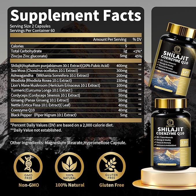 Shilajit Capsules with Sea Moss & Ashwagandha for Men & Women,12 in 1 Hima*layan Shilajit Supplements with Coenzyme Q10, Fulvic Acid & Humic Acid, Lion's Mane, Energy & Immune, 120 Count, 2 Pack