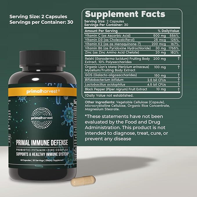Primal Harvest Immune Defense 10-in-1 Supplement with Probiotics, Zinc, and Vitamins C, D3, K2, B6 Daily Immune Support for Adults