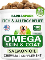 BARK&SPARK Omega 3 for Dogs - 180 Fish Oil Treats for Dog Shedding, Skin Allergy, Itch Relief, Hot Spots Treatment - Joint Health - Skin and Coat Supplement - EPA & DHA Fatty Acids - Alaskan Salmon