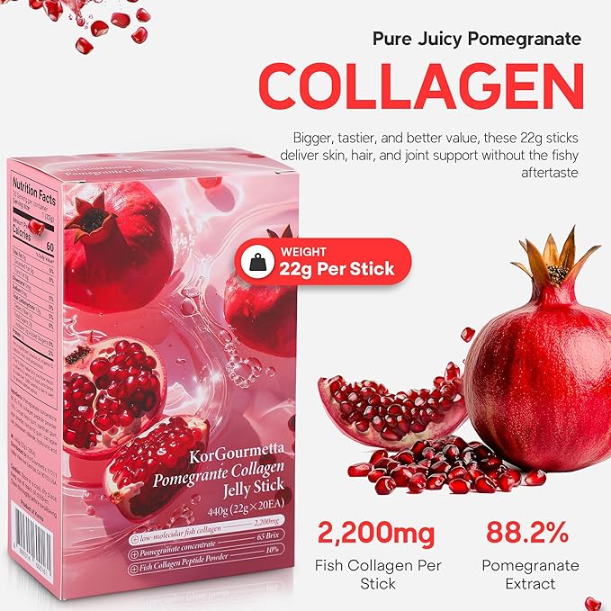 | Pomegranate Collagen Stick – 20 Sticks, 0.77oz(22g) | Korean Fruit Extract, Daily Beauty Supplement, No Sugar Added, Portable On-the-Go Sticks | 석류 콜라겐 스틱