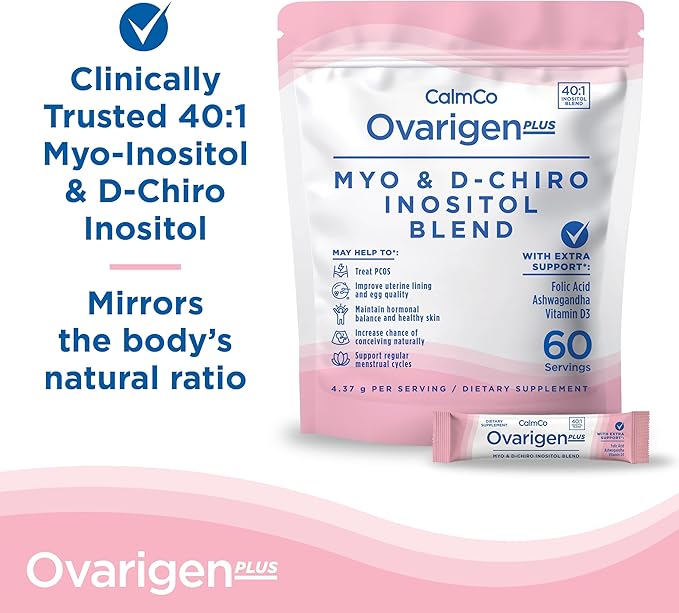 CalmCo Ovarigen Plus Myo-Inositol & D-Chiro Inositol Supplement for Women – 40:1 Powder with Folic Acid, Ashwagandha & Vitamin D3, Fertility Supplements for PCOS, Ovarian Support (60 Sachets)
