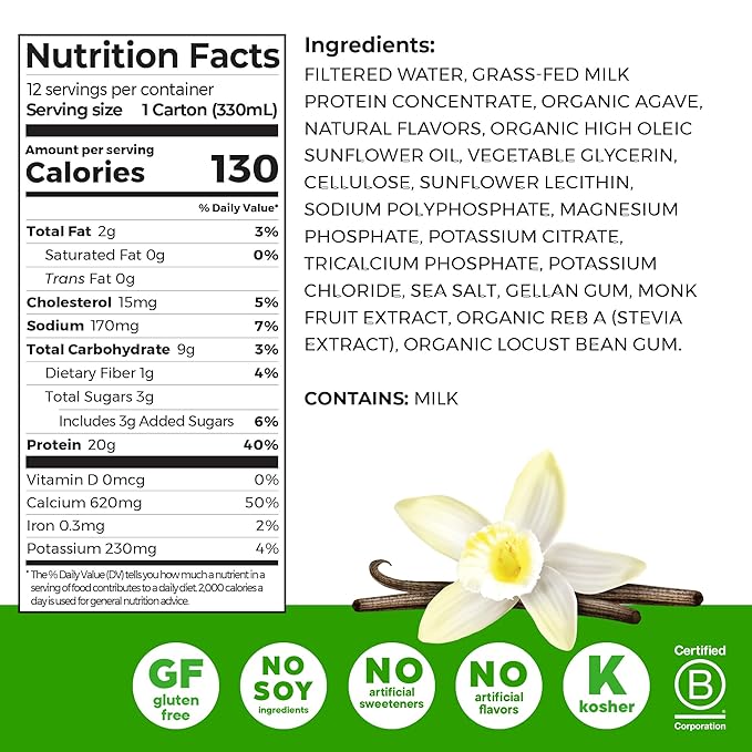 Orgain Clean Protein Shake,Grass Fed Dairy,Vanilla Bean - 20g Whey High Protein,Kosher,Ready to Drink,Low Net Carbs,Gluten Free,No Soy Ingredients,11 Fl Oz,(Pack of 24)