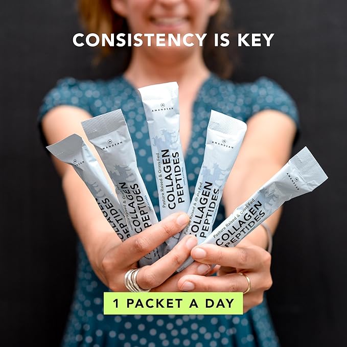 AMANDEAN Collagen Peptides Powder Packets | 30 Individual Stick Packs | Grass-Fed Hydrolyzed Collagen Protein | Unflavored, Easy to Mix | Travel Friendly | Promotes Healthy Gut, Skin, Hair, Nails.