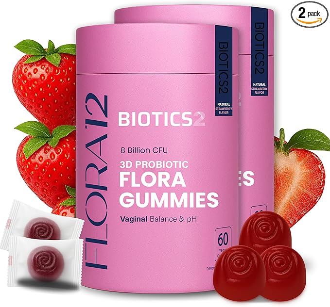 Flora12 Vaginal Probiotics for Women pH Balance Gummies with Prebiotics 8x Billion Probiotics 5x Extracts Saw Palmetto, Dong Quai, Motherwort, Wild Kelp & Yam | Vegan Sugar-Free Gluten-Free, 120 Ct