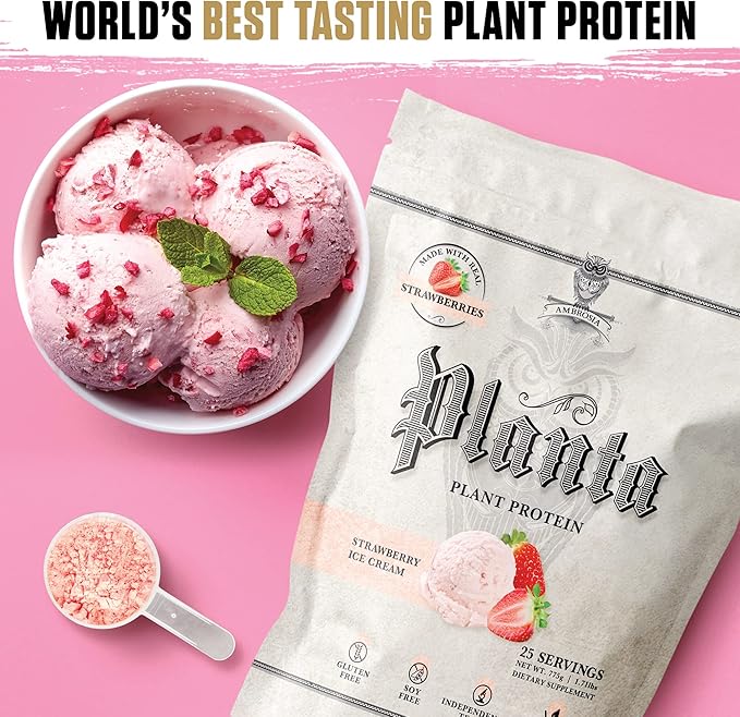 Ambrosia Planta - Plant-Based Protein Powder 20g | Dairy Free Vegan Protein Powder with BCAA Amino Acids | Keto-Friendly, No Added Sugar | 25 Servings | Strawberry Ice Cream